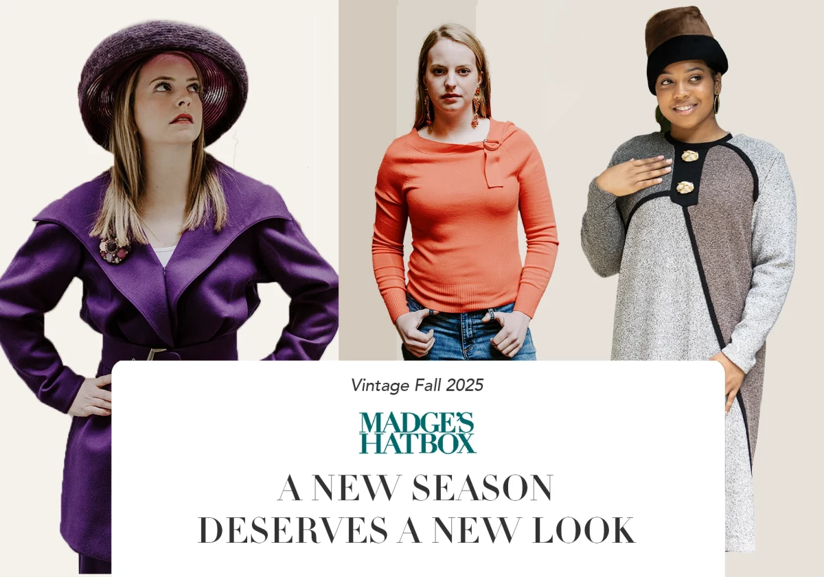 Three women model vintage fall fashion for 2025: purple coat with hat, orange sweater with jeans, and gray-brown tunic with hat