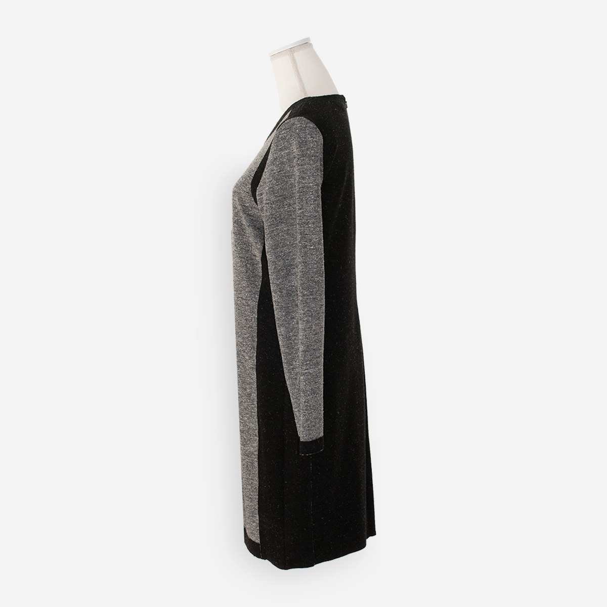 Left side view: Worth New York gray and black colorblock wool-blend dress left side view, size 12.
