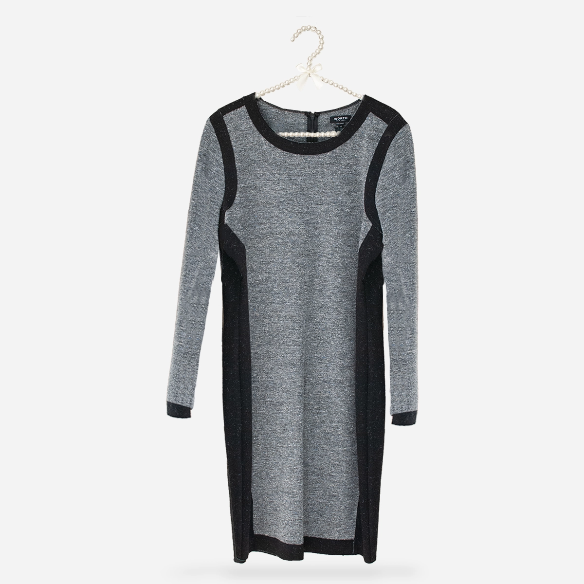 Flat lay / hanger shot: Worth New York gray and black colorblock wool-blend dress flat lay on hanger, long sleeve, size 12.