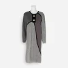 Front view: 1980s Steve Fabrikant gray, burgundy, and black color-block knit dress with abstract panel design.