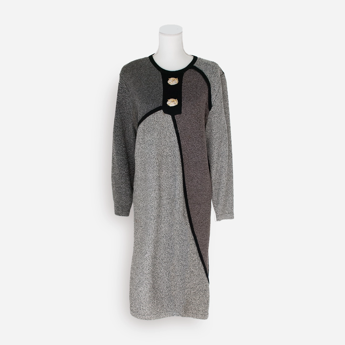 Front view: 1980s Steve Fabrikant gray, burgundy, and black color-block knit dress with abstract panel design.