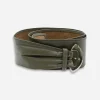 Olive green Morris Moskowitz leather belt with silver buckle.