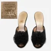 Daniel Green Black mules shoes Top view showing Daniel Green Comfy label on insole and pouf detail.