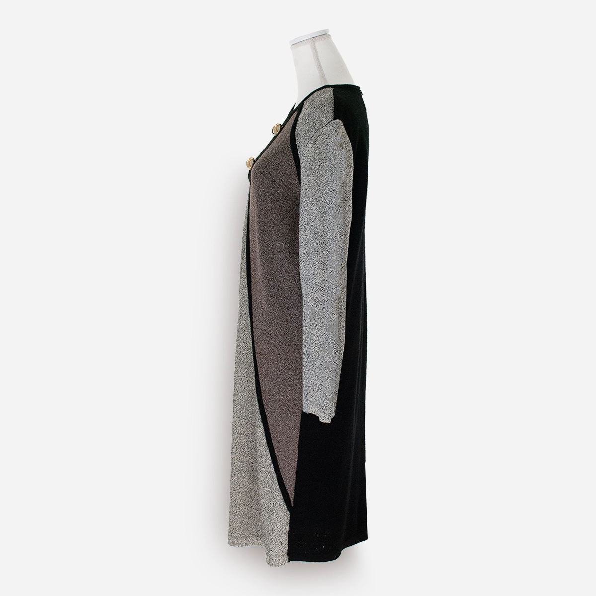 Side view (right): Alternate side view of gray and burgundy knit dress showing texture and contrast panels.