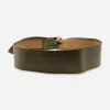 Back view of 1980s olive green leather belt, suede interior visible.