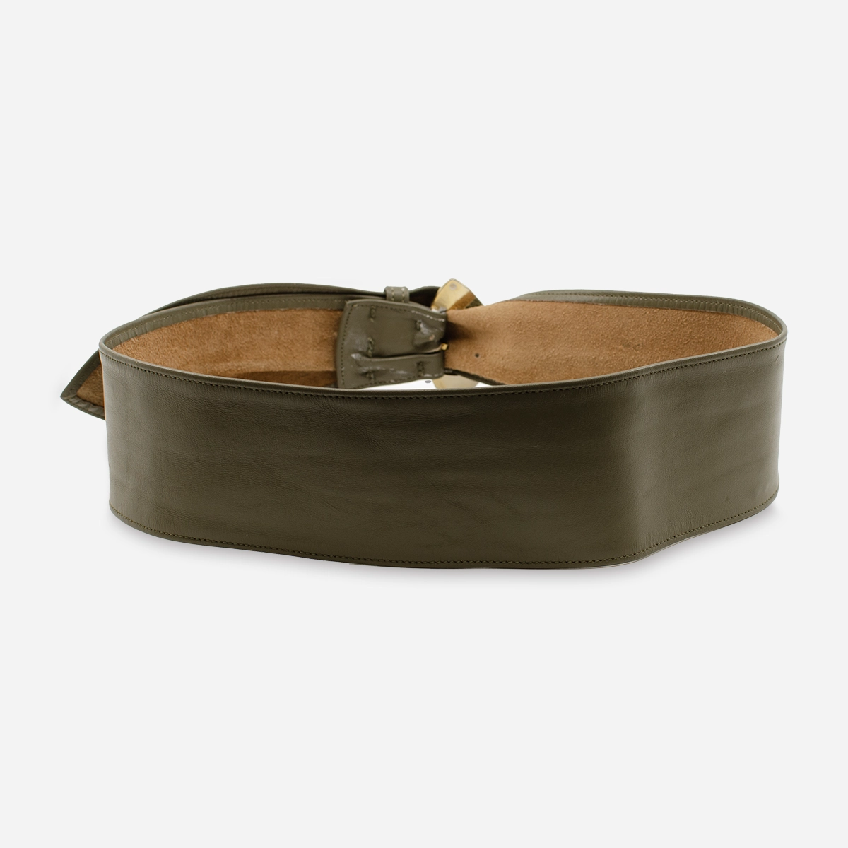 Morris Moskowitz vintage belt Back view of 1980s olive green leather belt, suede interior visible.