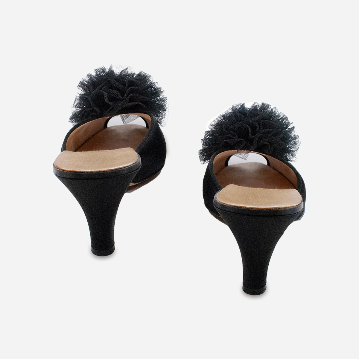 Back angle of 1950s Daniel Green boudoir slippers highlighting curved heels.