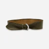 Olive green Morris Moskowitz leather belt with silver buckle.