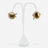 vintage wingback earrings 1950s brushed gold button earrings on white earring stand, front view.