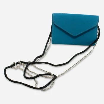 Blue mini Benjamin Walk evening bag with black cord and silver chain straps.