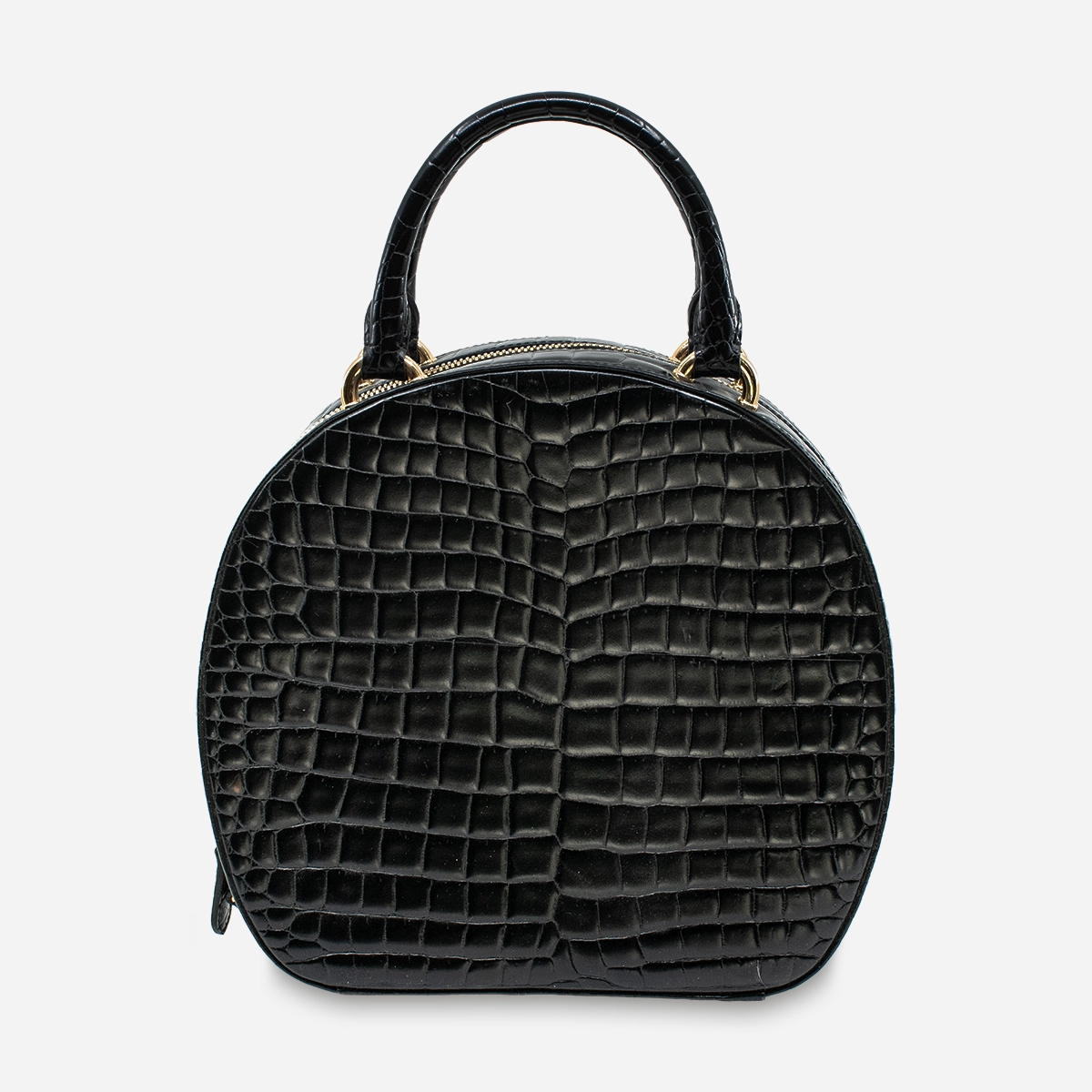Simone Rocha Croc Embossed Handbag Front view of Simone Rocha black croc-embossed hatbox-style handbag with double handles