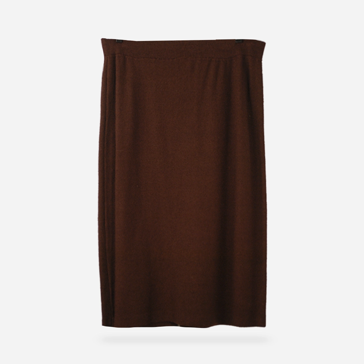 Vintage Steve Fabrikant brown knit A-line skirt with waistband and back slit.