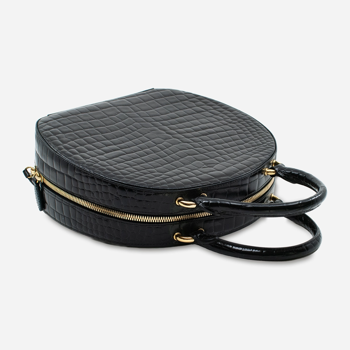 Vintage black leather hatbox style handbag Front angle of Simone Rocha croc-embossed hatbox handbag.
