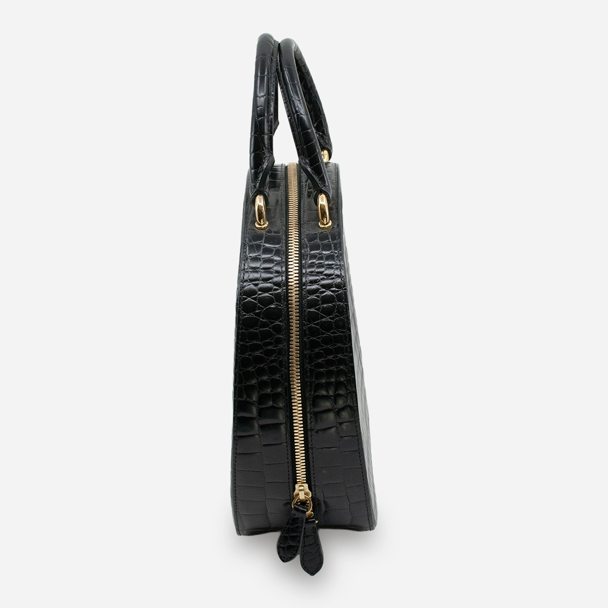 black leather crocodile embossed bag Side view of black croc-embossed Simone Rocha handbag showing wrap-around zipper and gold hardware
