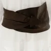 extra wide brown leather belt mannequin styled with vintage brown leather belt cinching waist