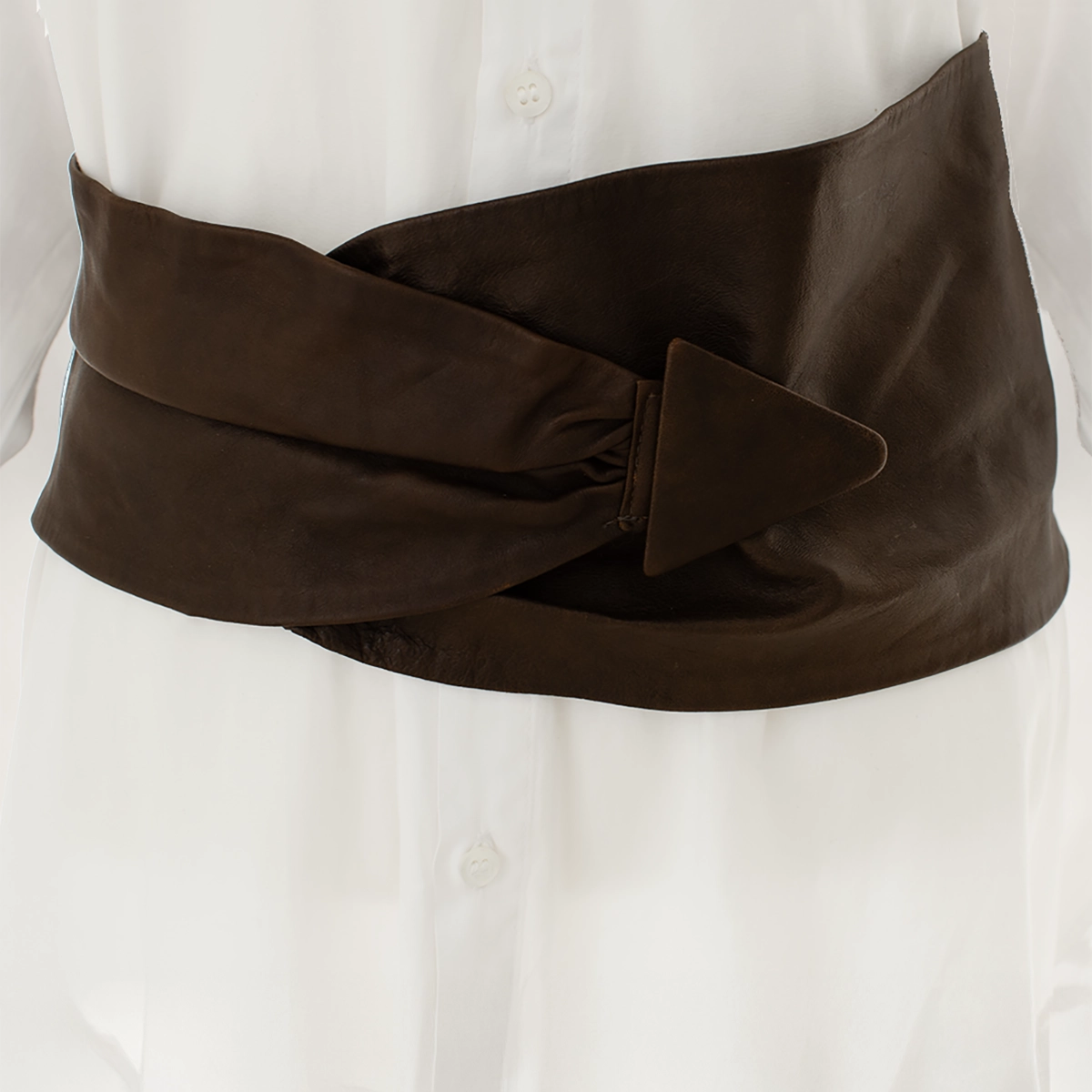 extra wide brown leather belt mannequin styled with vintage brown leather belt cinching waist