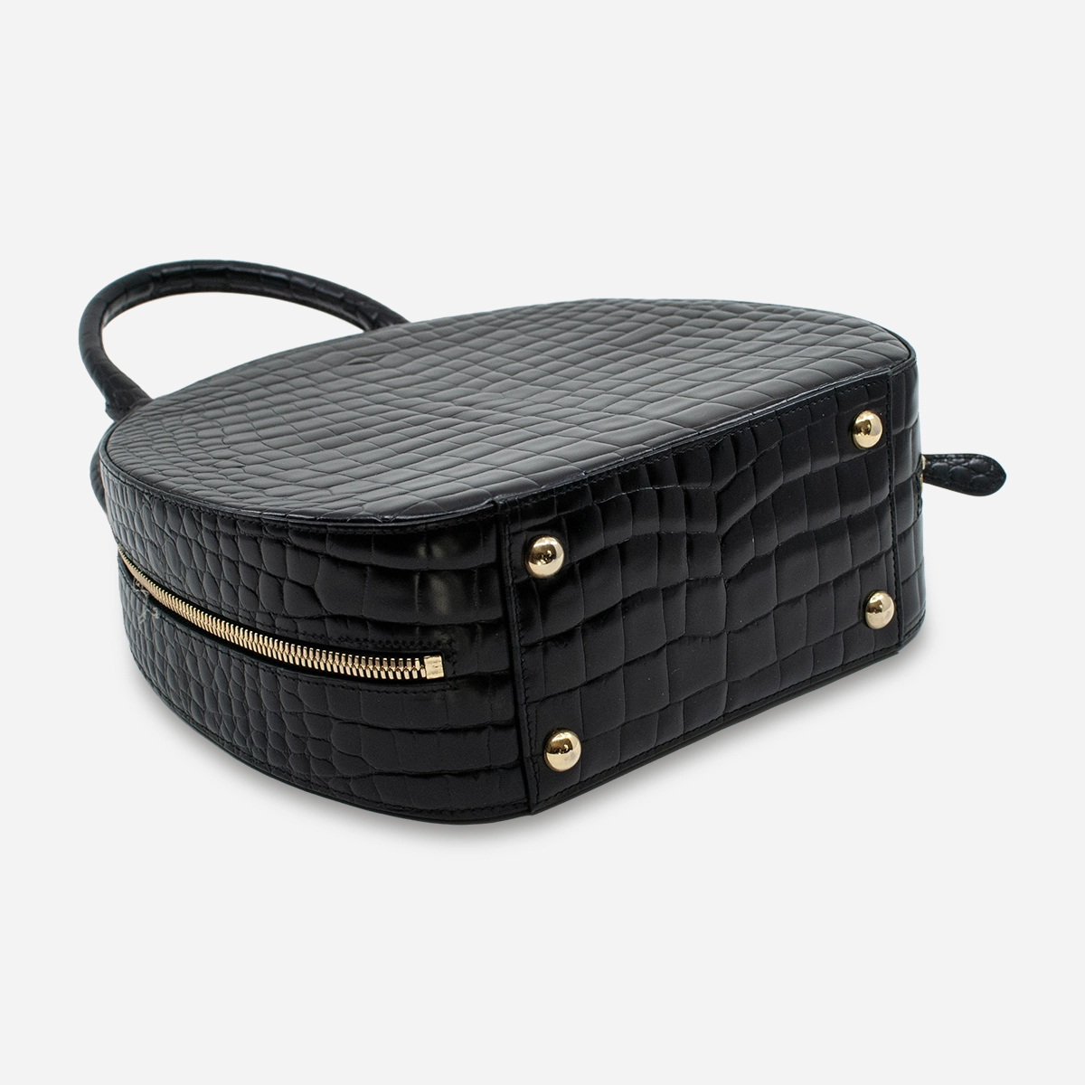 vintage Simone Roche hatbox handbag Bottom view of handbag with gold protective feet.