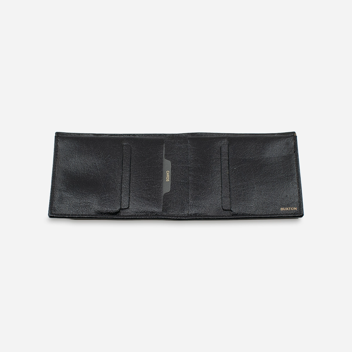 Interior of Buxton black leather wallet showing card slots.