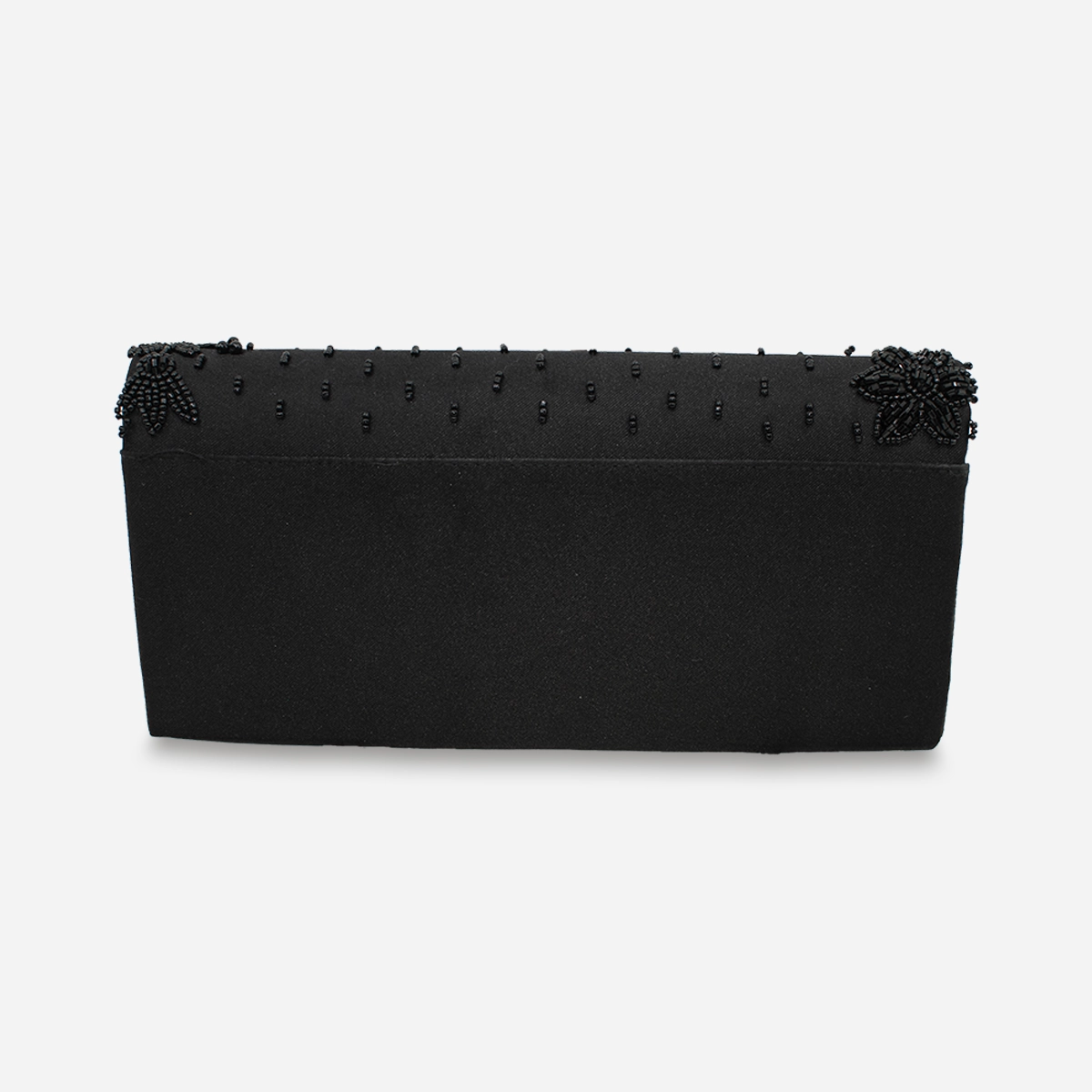 Back view of vintage black beaded evening clutch.