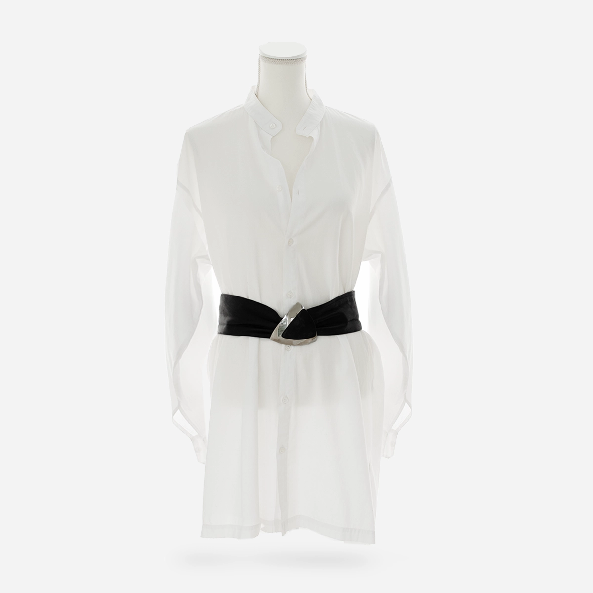 vintage black leather belt styled over white shirtdress on mannequin