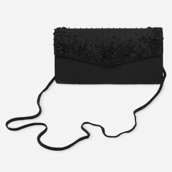 g clutch. Vintage black beaded evening bag with rope strap displayed on white background.