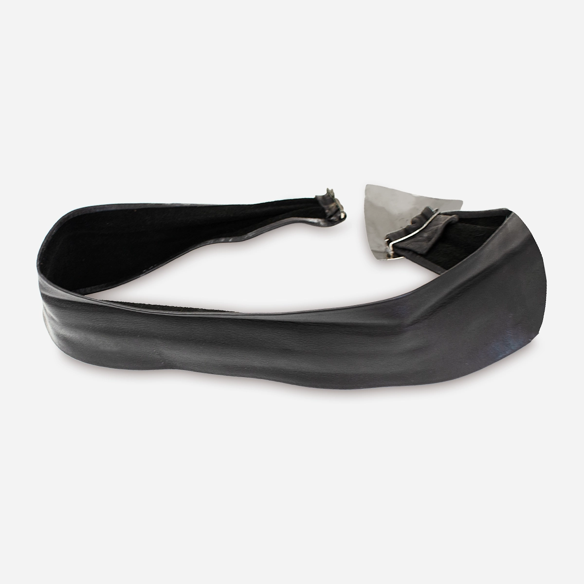 angled view of wide vintage black leather belt with modernist buckle