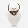 1950s Miriam Haskell brass floral necklace with coiled wire centerpiece and bead clusters