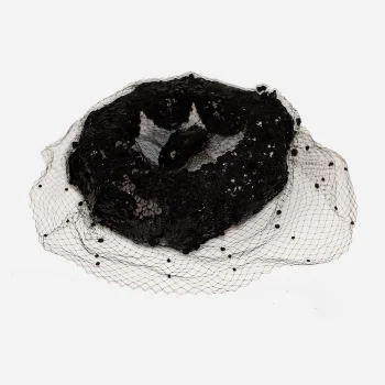 Black 1950s sequin pillbox hat with open crown and veil netting.