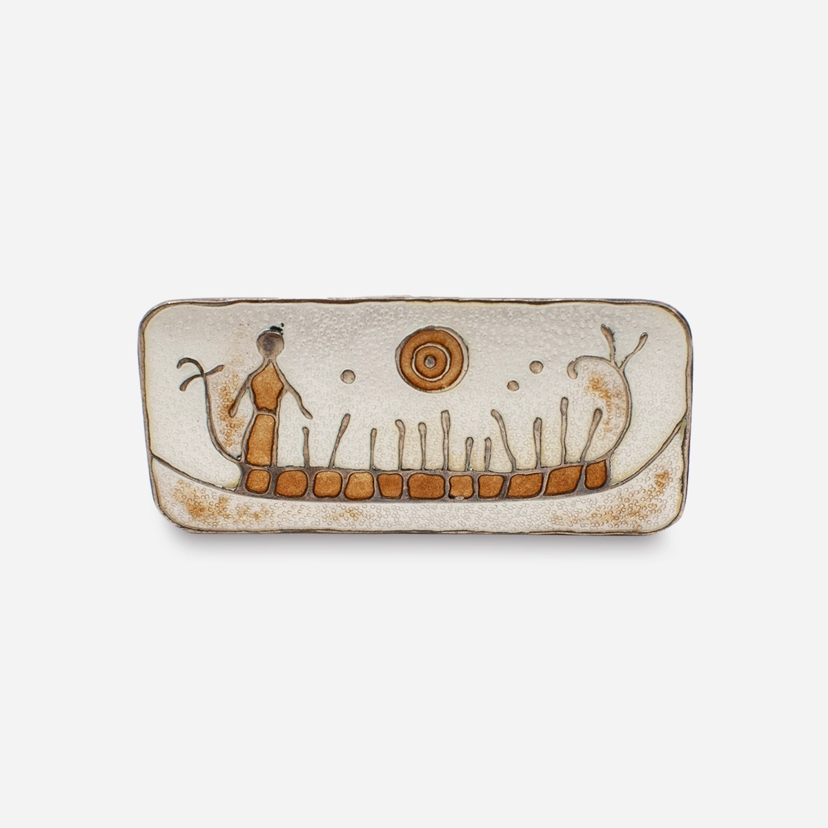 Nora Gulbrandsen modernist enamel brooch inspired by prehistoric Norwegian rock art.