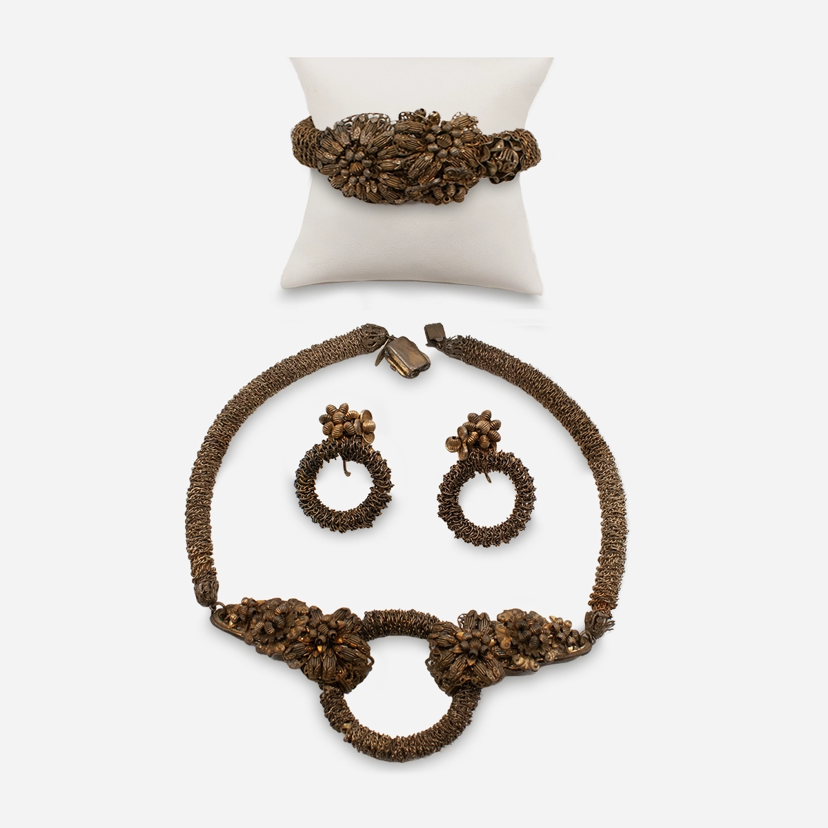 Miriam Haskell jewelry set. Bracelet, necklace, clip earrings