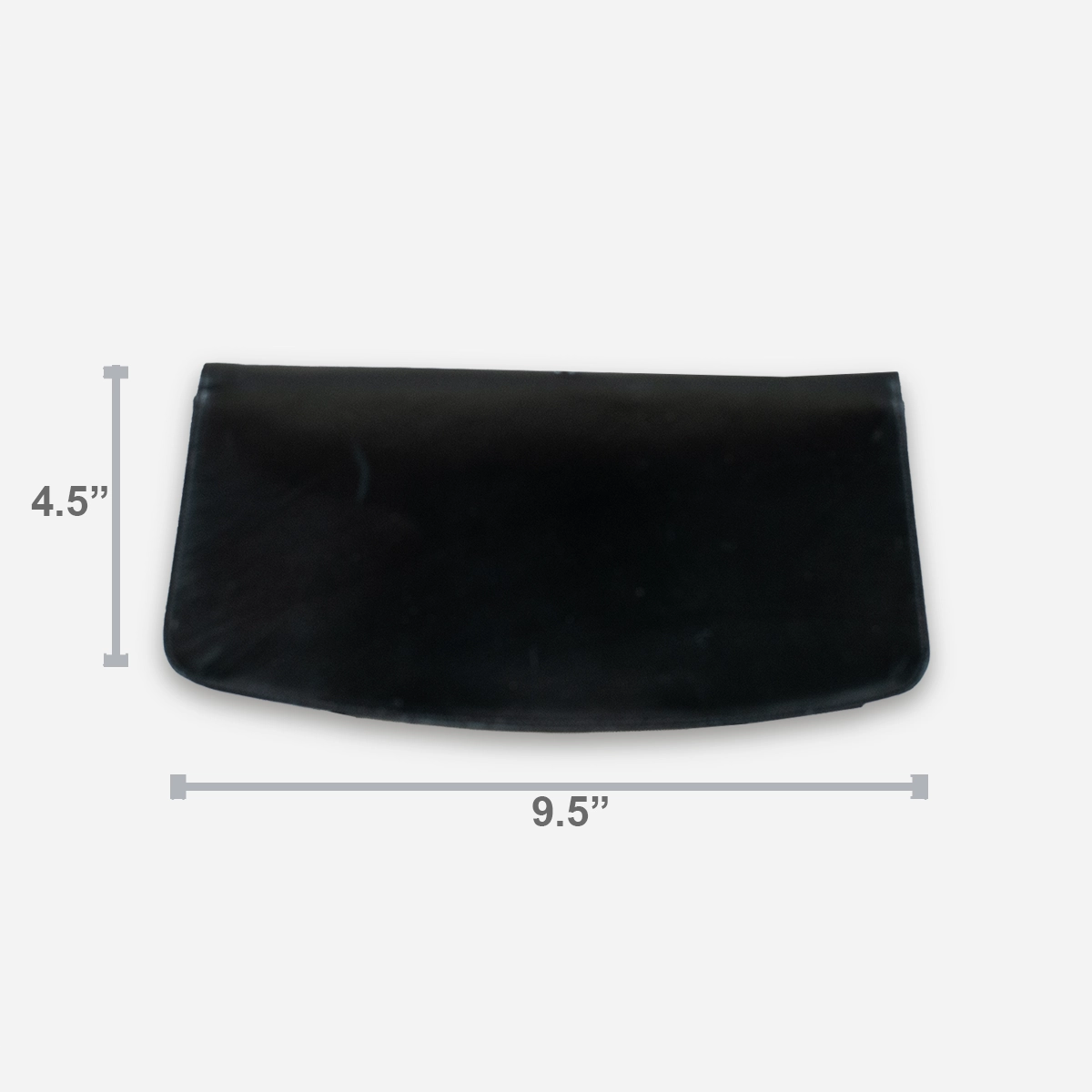 1950s Mondaine navy leather clutch with measurements displayed, 9.5 by 4.5 inches