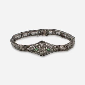 Antique Edwardian silver filigree bracelet with emerald and clear paste stones