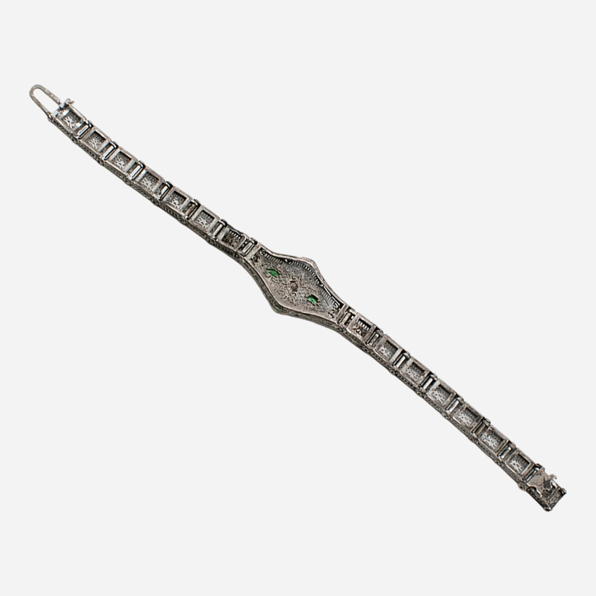 SIlver Edwardian bracelet back Back view of antique silver filigree bracelet with tab clasp.