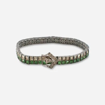 Art Deco Diamonbar two-row sterling bracelet with emerald and clear paste