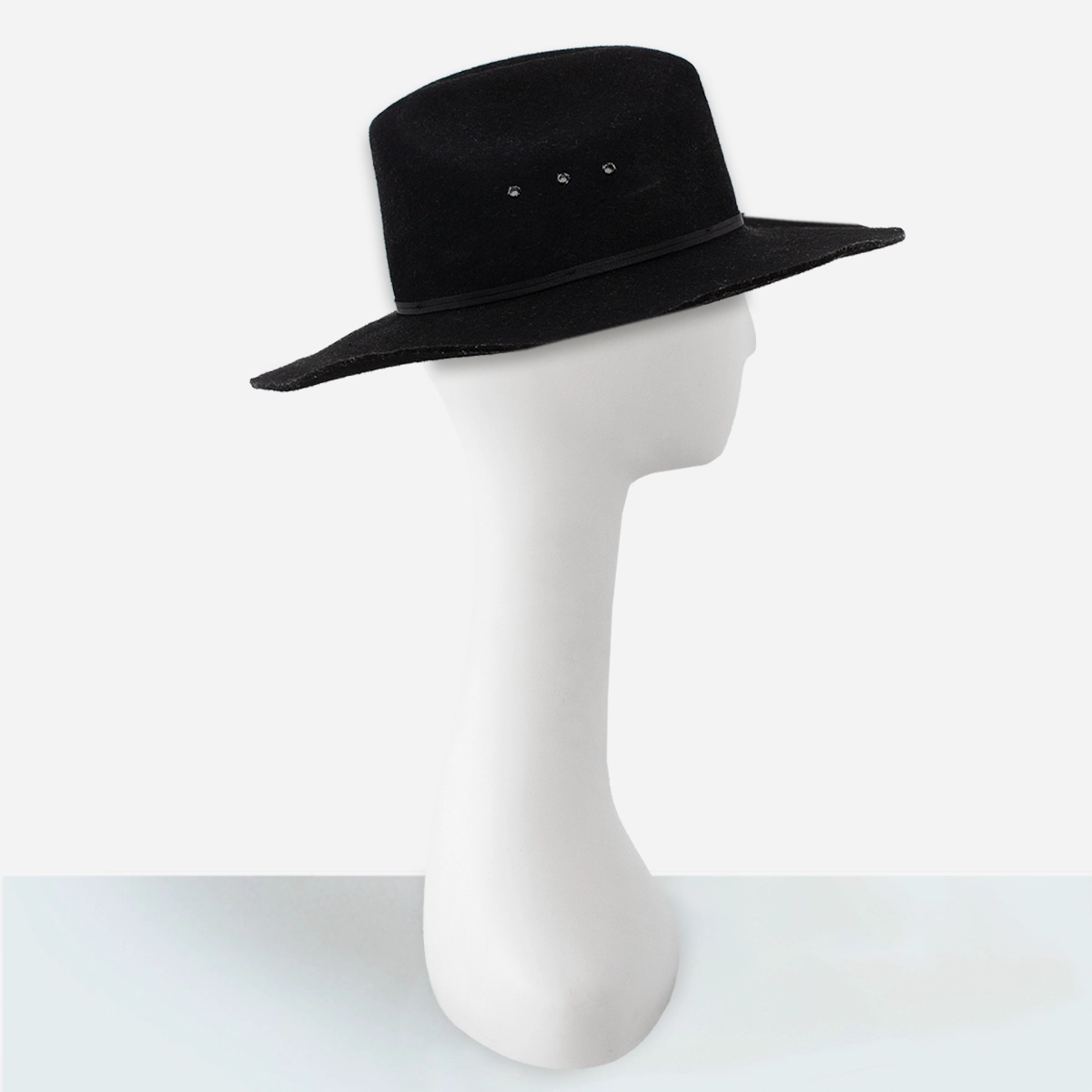 Side view of vintage black felt Western cowboy hat with pheasant feather accent.