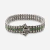 Three-quarter view of Diamonbar buckle bracelet showing rhinestone rows and Deco buckle clasp