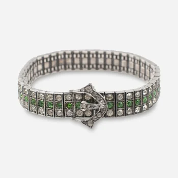 Three-quarter view of Diamonbar buckle bracelet showing rhinestone rows and Deco buckle clasp