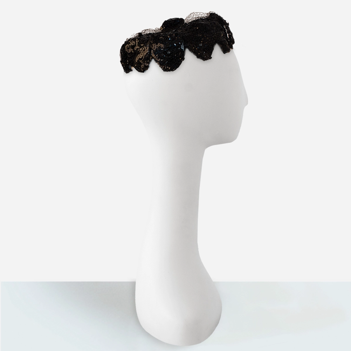 vintage 1950s black sequin hatbox Side view of black vintage sequin pillbox cocktail hat