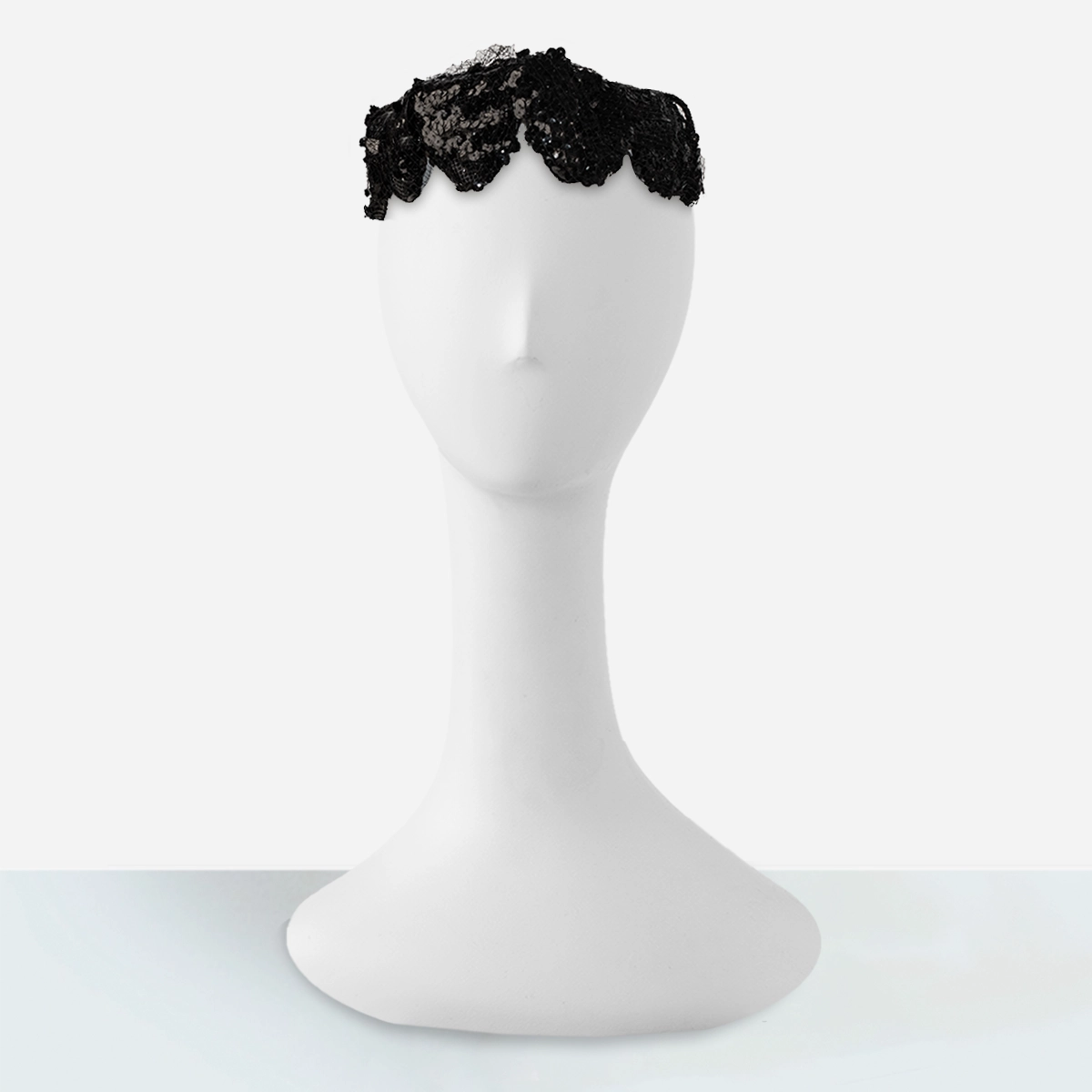 Vintage black sequin cocktail hat with inverted tulip shape.