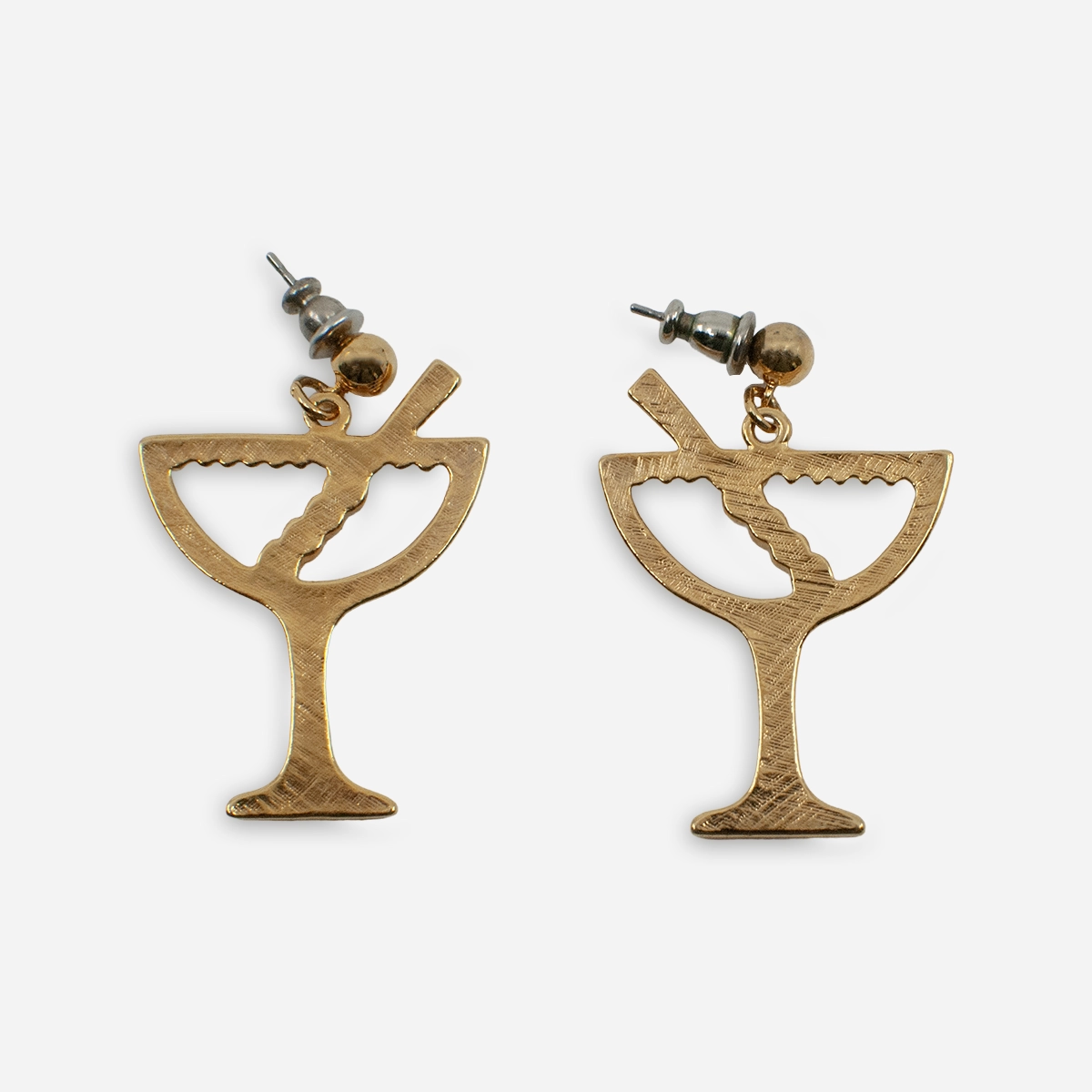 Back view of goldtone martini-glass earrings showing post backs and replacement clutches