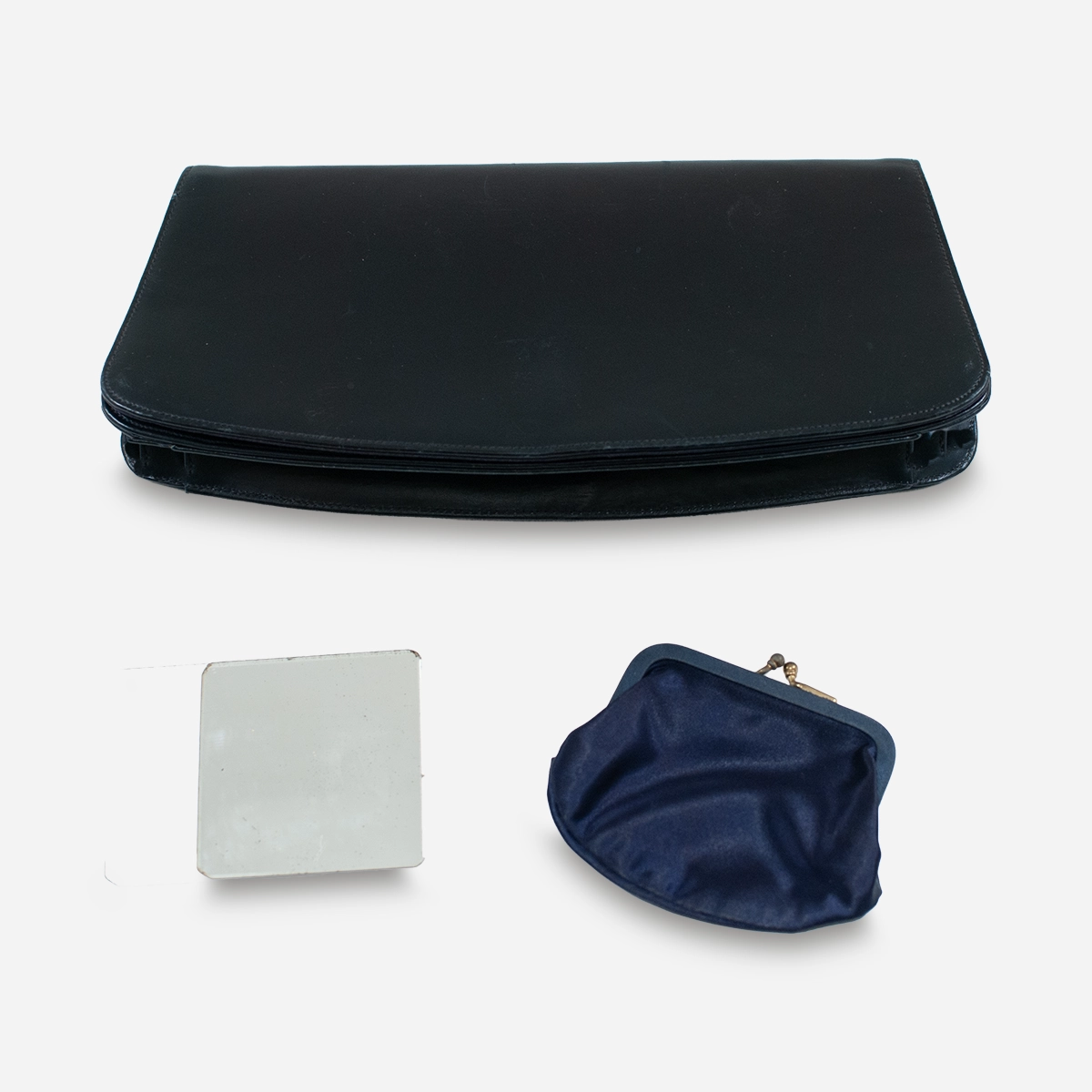 Vintage Mondaine navy leather clutch with original mirror and matching coin purse
