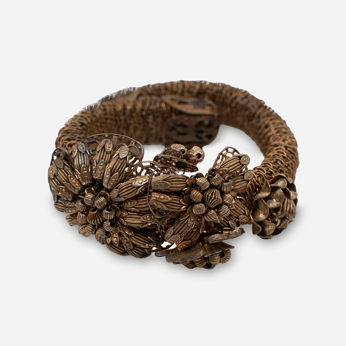 Miriam Haskell 1950s brass floral wrap bracelet with bead and wire construction