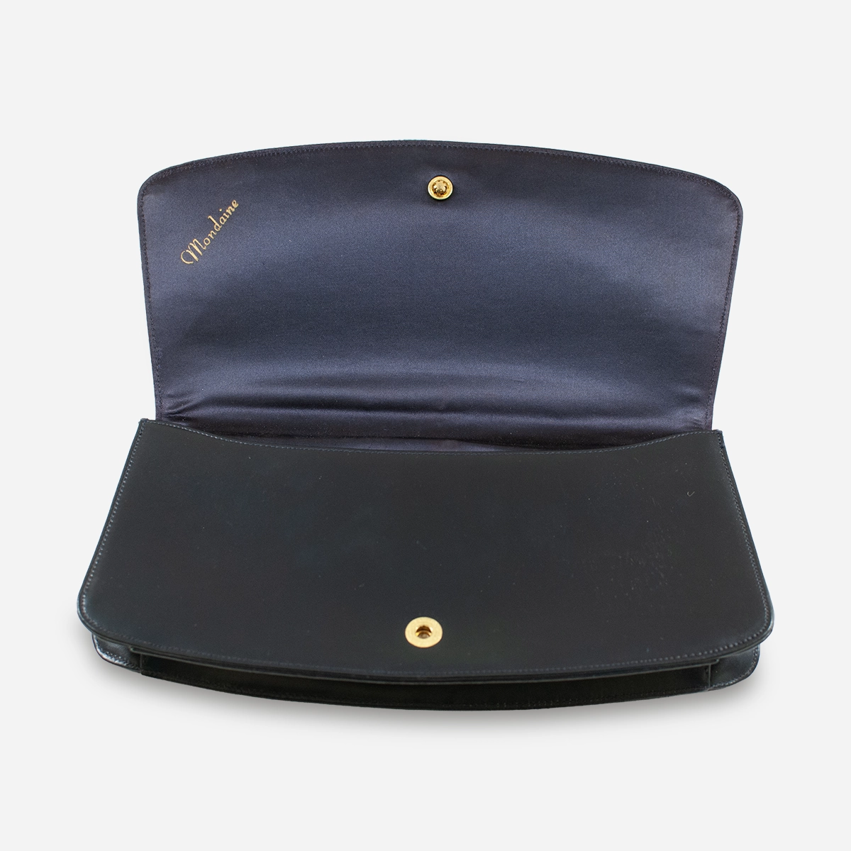 or and matching coin purse. Interior of 1950s Mondaine clutch showing satin lining, gold snap, and Mondaine label