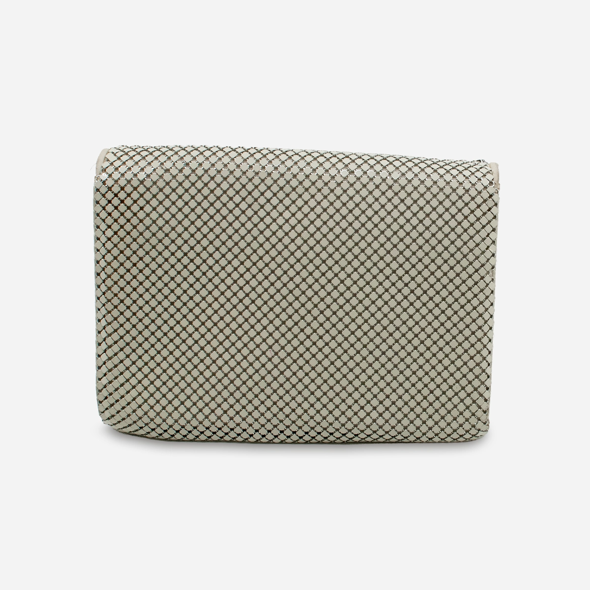 Whiting & Davis metal mesh clutch back view showing smooth mesh texture