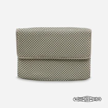 Whiting & Davis green-gray metal mesh clutch front view with foldover flap.