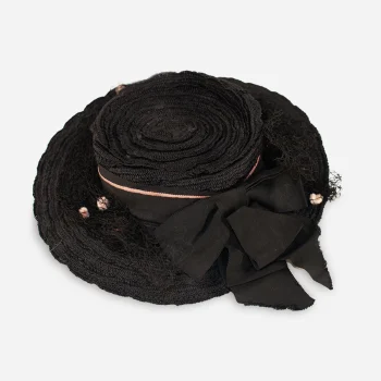 Vintage 1930s black straw percher hat top view showing flat crown and bow