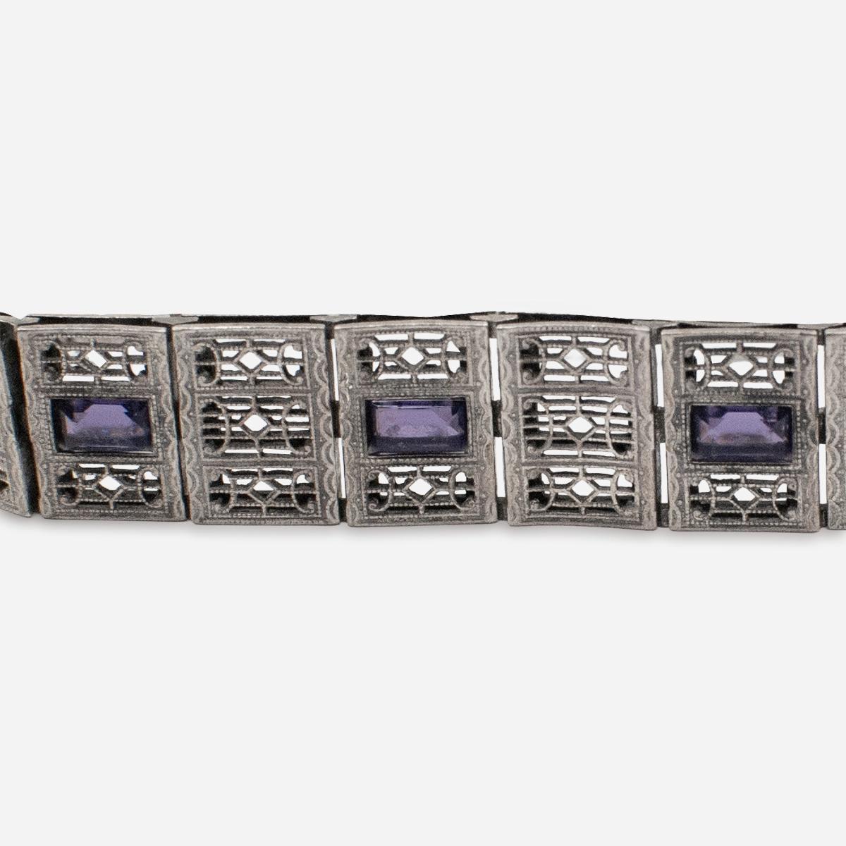 Edwardian amethyst paste bracelet showing rectangular filigree links.