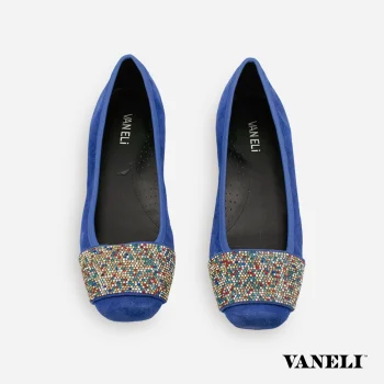 Vintage 1980s Vaneli blue suede jeweled flats top view.