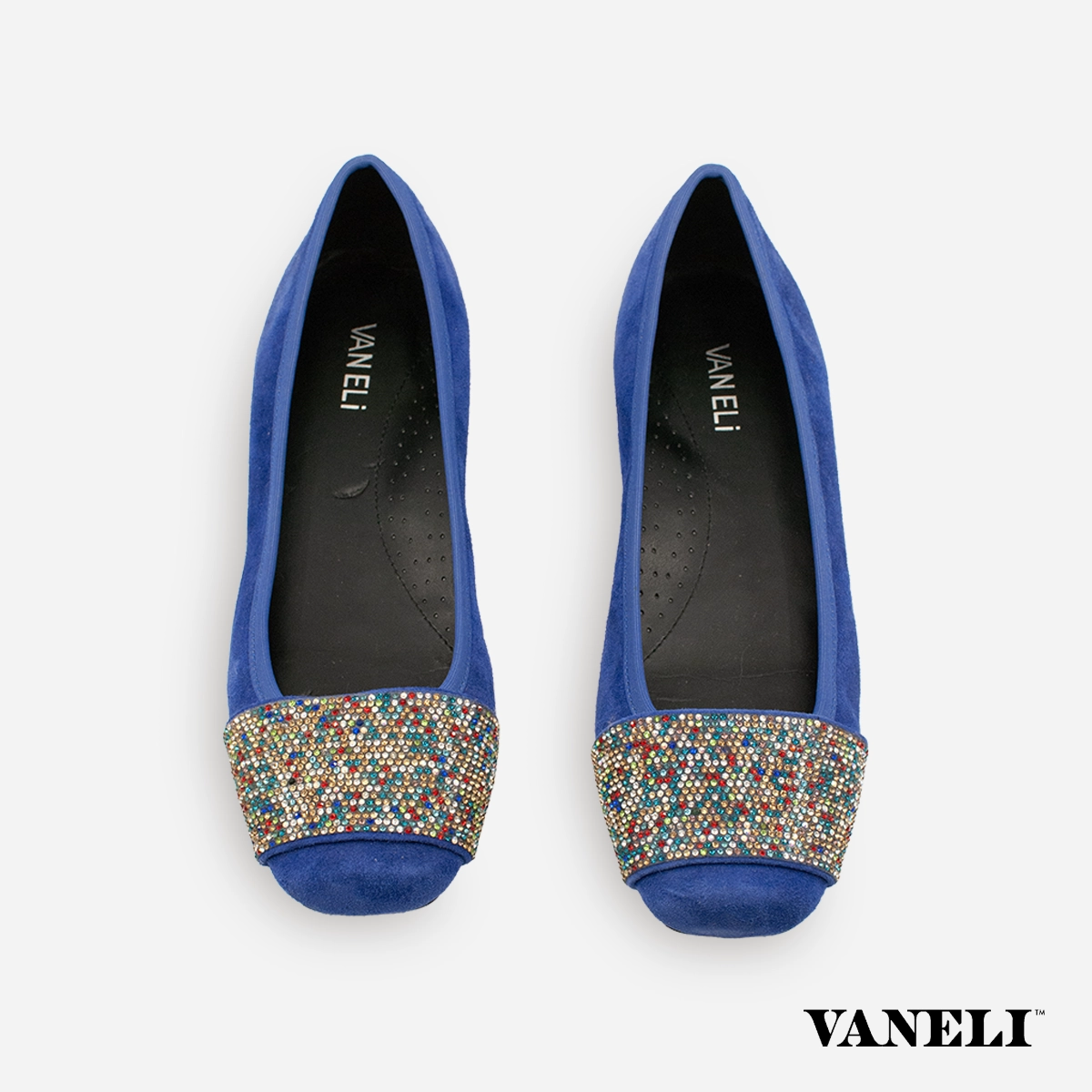 Authentic 1980s vaneli Blue jeweled flats Vintage 1980s Vaneli blue suede jeweled flats top view.
