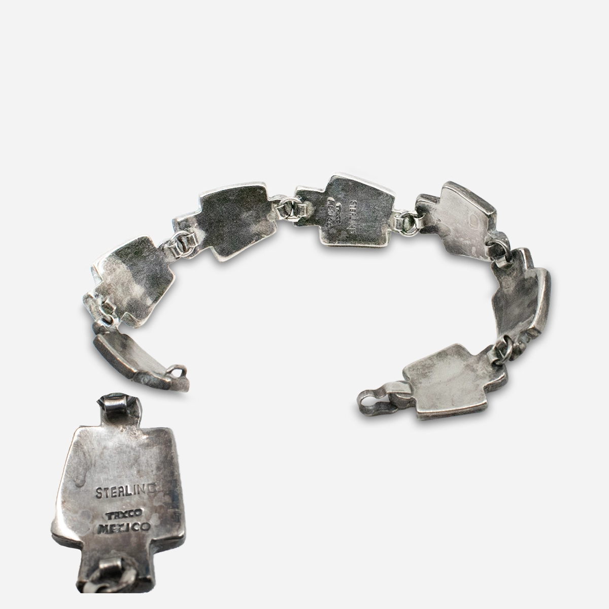 Back view of signed Taxco sterling silver bracelet